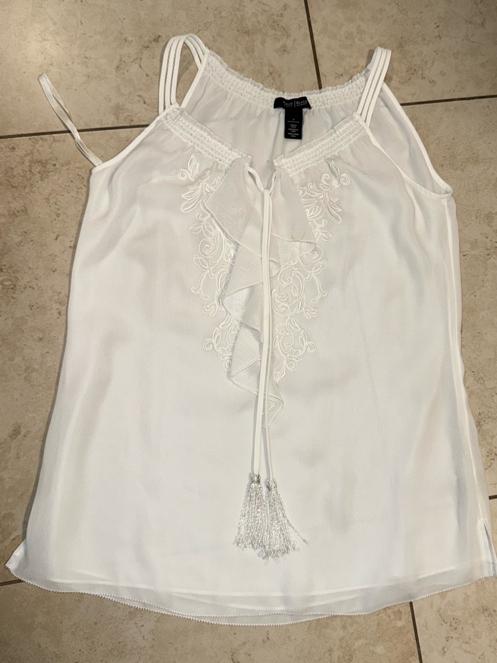 White House Black Market White Embroidered Beaded Tassel-Front Camisole
